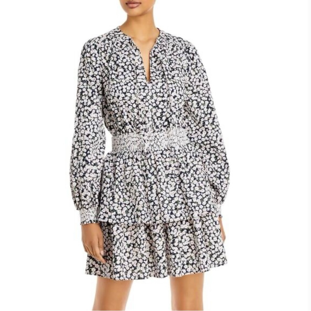AQUA Smocked Tiered Mini Dress Navy Blue Floral Print